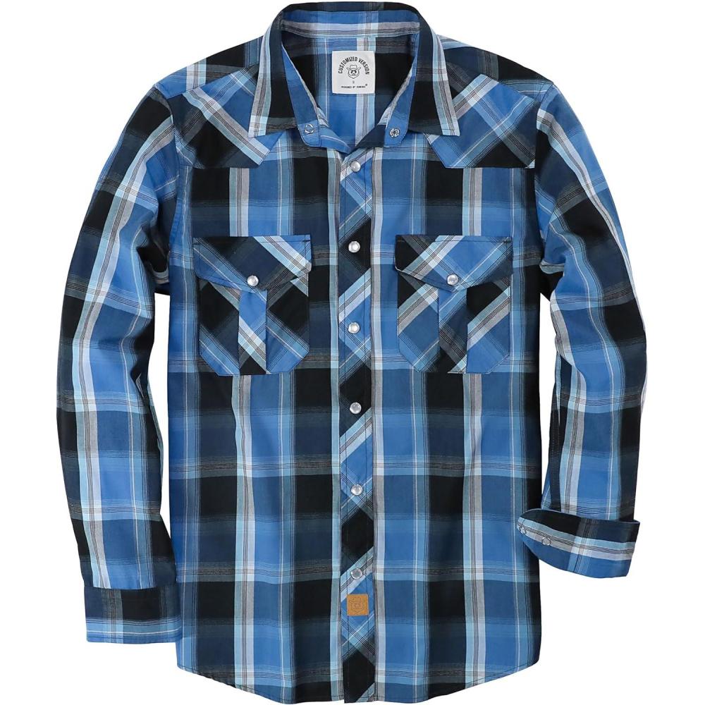 imageDubinik Pearl Snap Shirts for Men Long Sleeve Western Shirts for Men Vintage Casual Plaid Shirt Cowboy Shirts for MenBlack Royal Blue