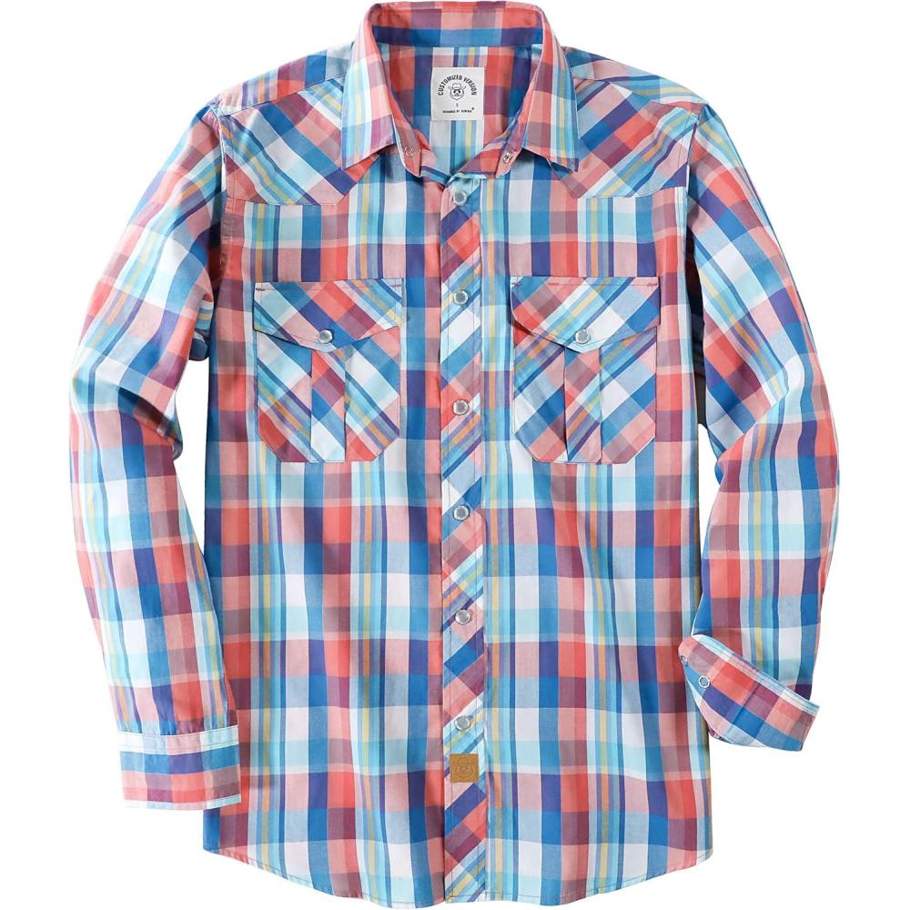 imageDubinik Pearl Snap Shirts for Men Long Sleeve Western Shirts for Men Vintage Casual Plaid Shirt Cowboy Shirts for MenBlue Pink