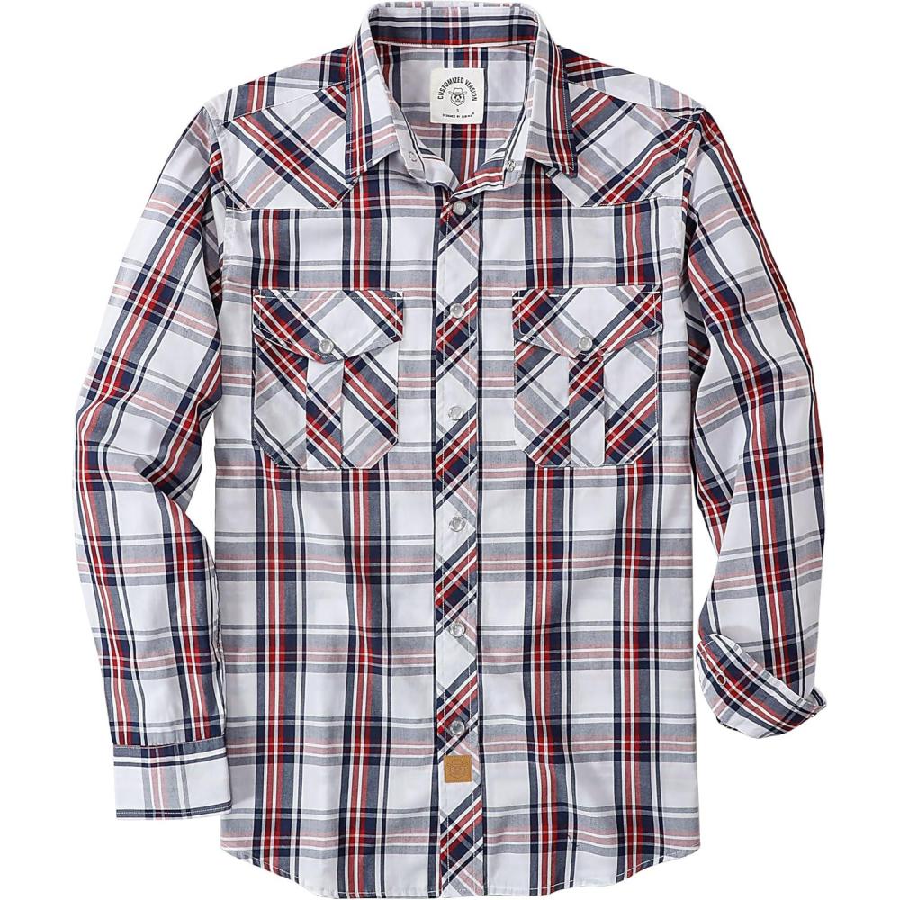 imageDubinik Pearl Snap Shirts for Men Long Sleeve Western Shirts for Men Vintage Casual Plaid Shirt Cowboy Shirts for MenBlue Red White