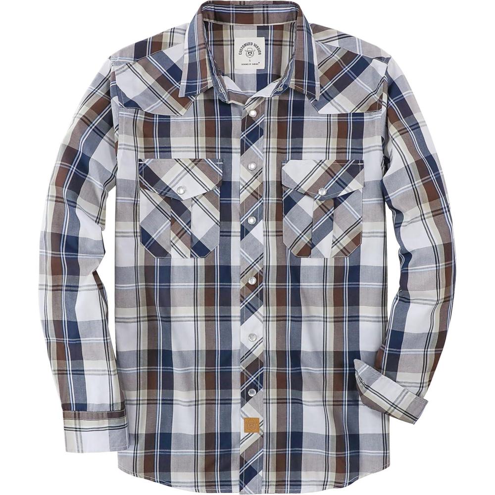 imageDubinik Pearl Snap Shirts for Men Long Sleeve Western Shirts for Men Vintage Casual Plaid Shirt Cowboy Shirts for MenBrown Navy Blue
