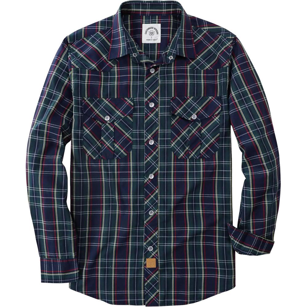 imageDubinik Pearl Snap Shirts for Men Long Sleeve Western Shirts for Men Vintage Casual Plaid Shirt Cowboy Shirts for MenGreen  Navy Blue