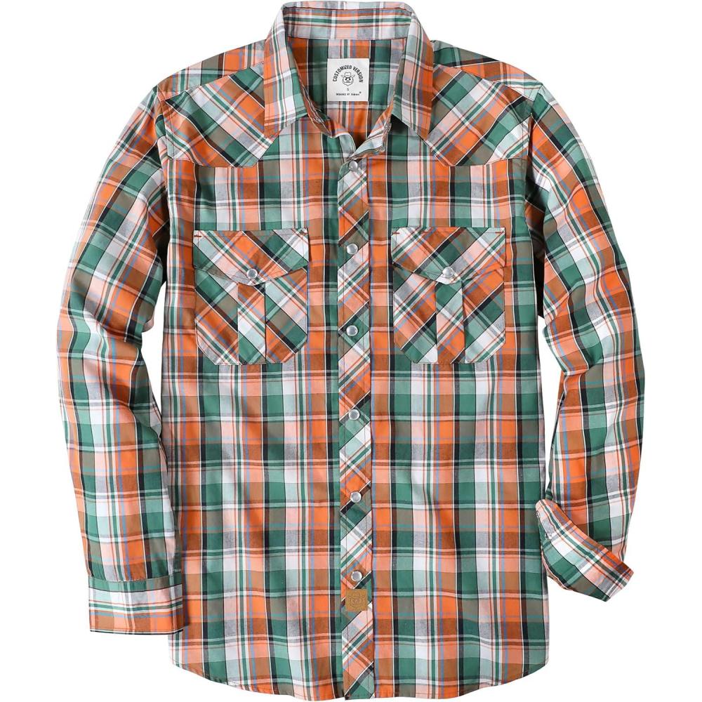 imageDubinik Pearl Snap Shirts for Men Long Sleeve Western Shirts for Men Vintage Casual Plaid Shirt Cowboy Shirts for MenGreen Orange