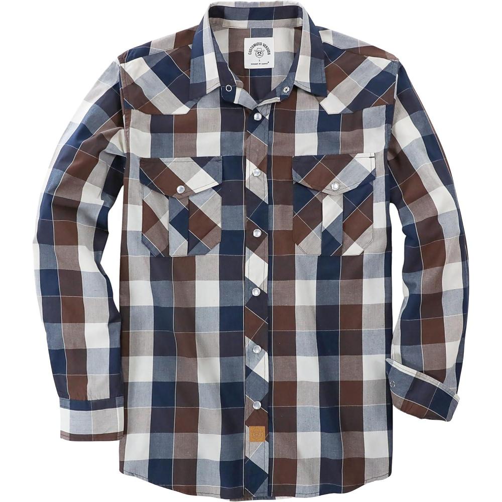 imageDubinik Pearl Snap Shirts for Men Long Sleeve Western Shirts for Men Vintage Casual Plaid Shirt Cowboy Shirts for MenKhaki Navy Blue