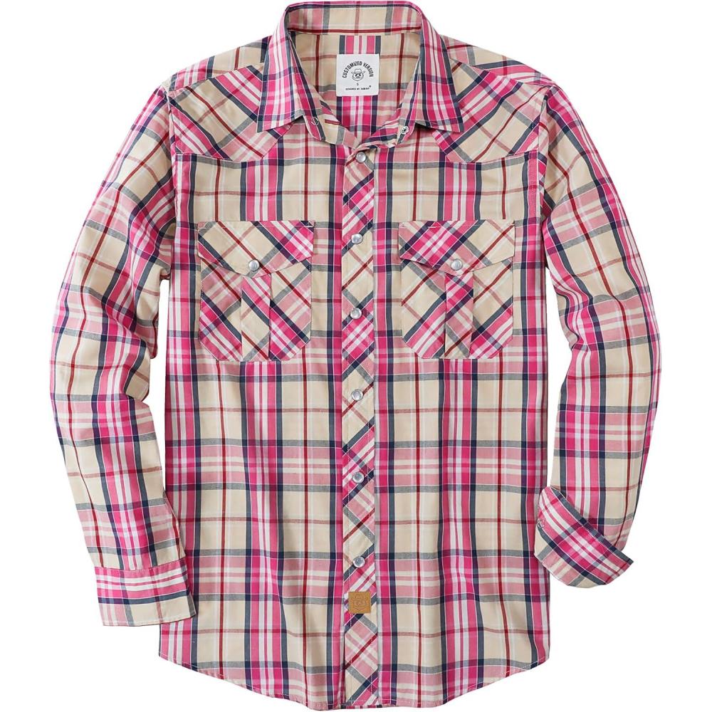 imageDubinik Pearl Snap Shirts for Men Long Sleeve Western Shirts for Men Vintage Casual Plaid Shirt Cowboy Shirts for MenKhaki Pink