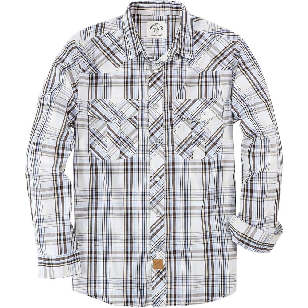 imageDubinik Pearl Snap Shirts for Men Long Sleeve Western Shirts for Men Vintage Casual Plaid Shirt Cowboy Shirts for MenLight Blue Cream