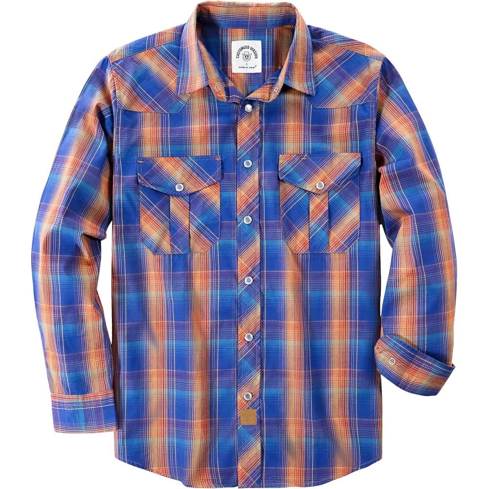imageDubinik Pearl Snap Shirts for Men Long Sleeve Western Shirts for Men Vintage Casual Plaid Shirt Cowboy Shirts for MenOrange  Royal Blue