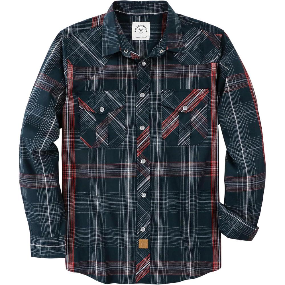 imageDubinik Pearl Snap Shirts for Men Long Sleeve Western Shirts for Men Vintage Casual Plaid Shirt Cowboy Shirts for MenRed  Dark Green