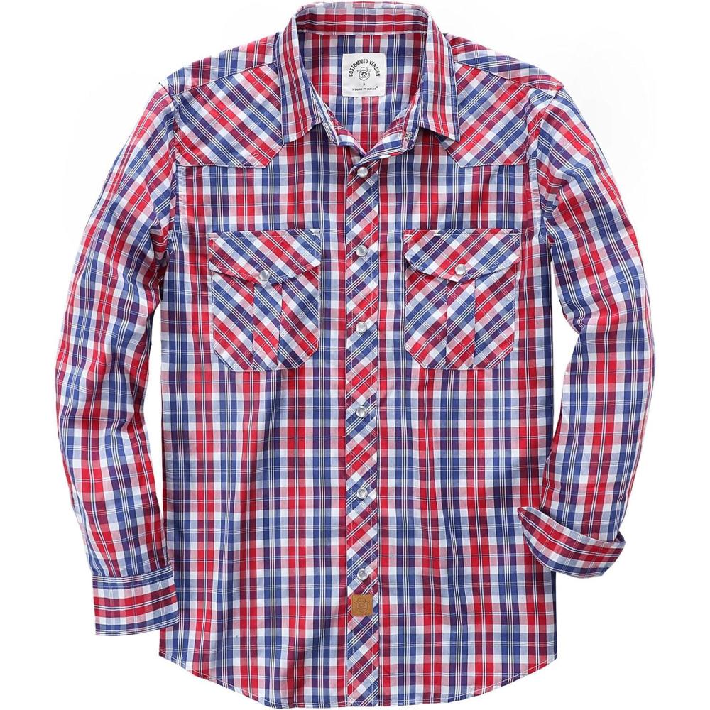 imageDubinik Pearl Snap Shirts for Men Long Sleeve Western Shirts for Men Vintage Casual Plaid Shirt Cowboy Shirts for MenRed Blue