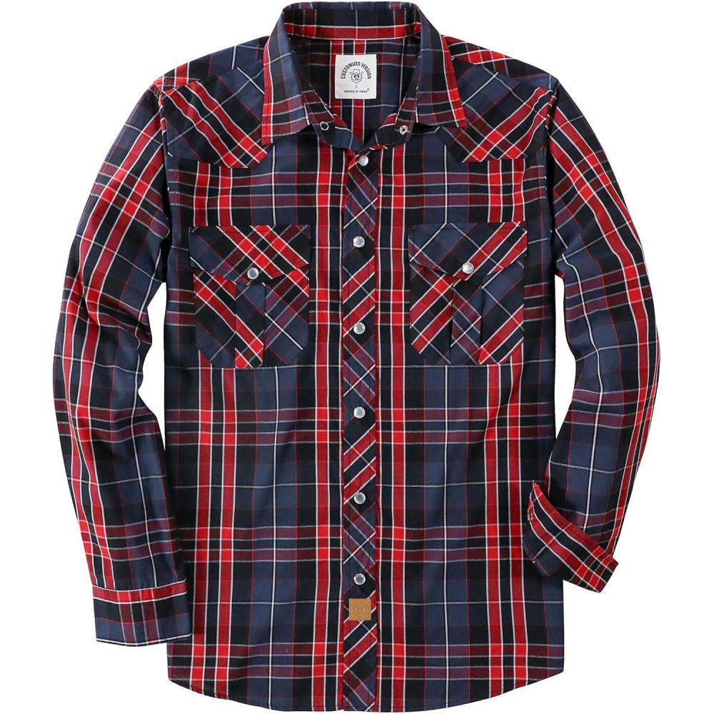 imageDubinik Pearl Snap Shirts for Men Long Sleeve Western Shirts for Men Vintage Casual Plaid Shirt Cowboy Shirts for MenRed Navy Blue
