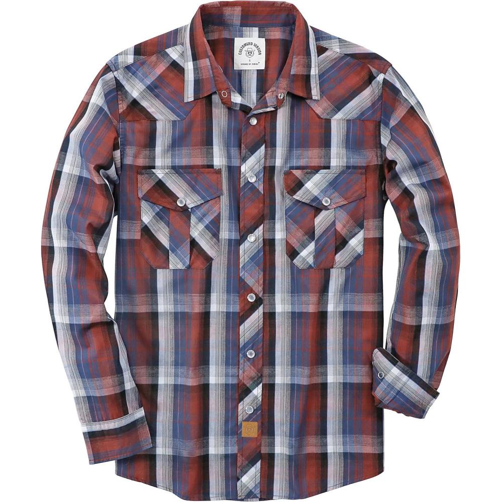 imageDubinik Pearl Snap Shirts for Men Long Sleeve Western Shirts for Men Vintage Casual Plaid Shirt Cowboy Shirts for MenRust Red Navy