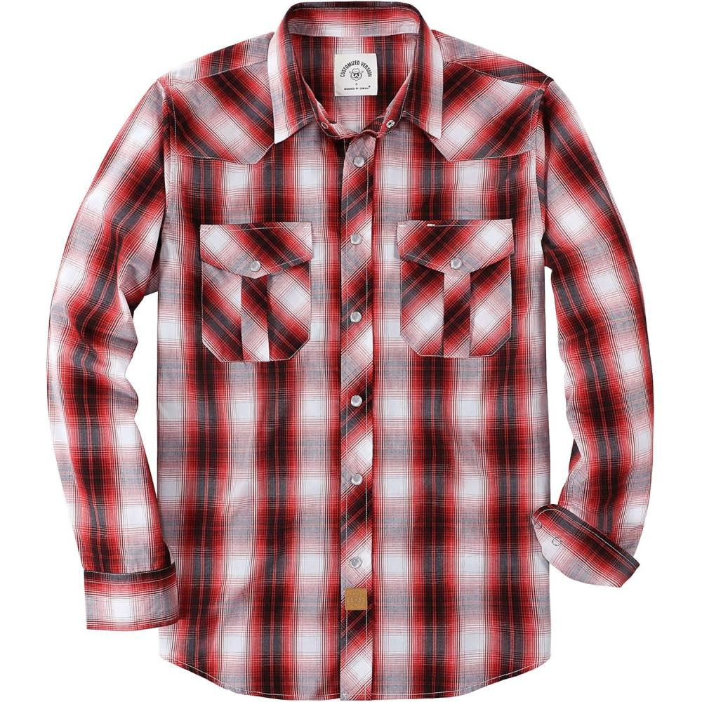 imageDubinik Pearl Snap Shirts for Men Long Sleeve Western Shirts for Men Vintage Casual Plaid Shirt Cowboy Shirts for MenWhite  Red