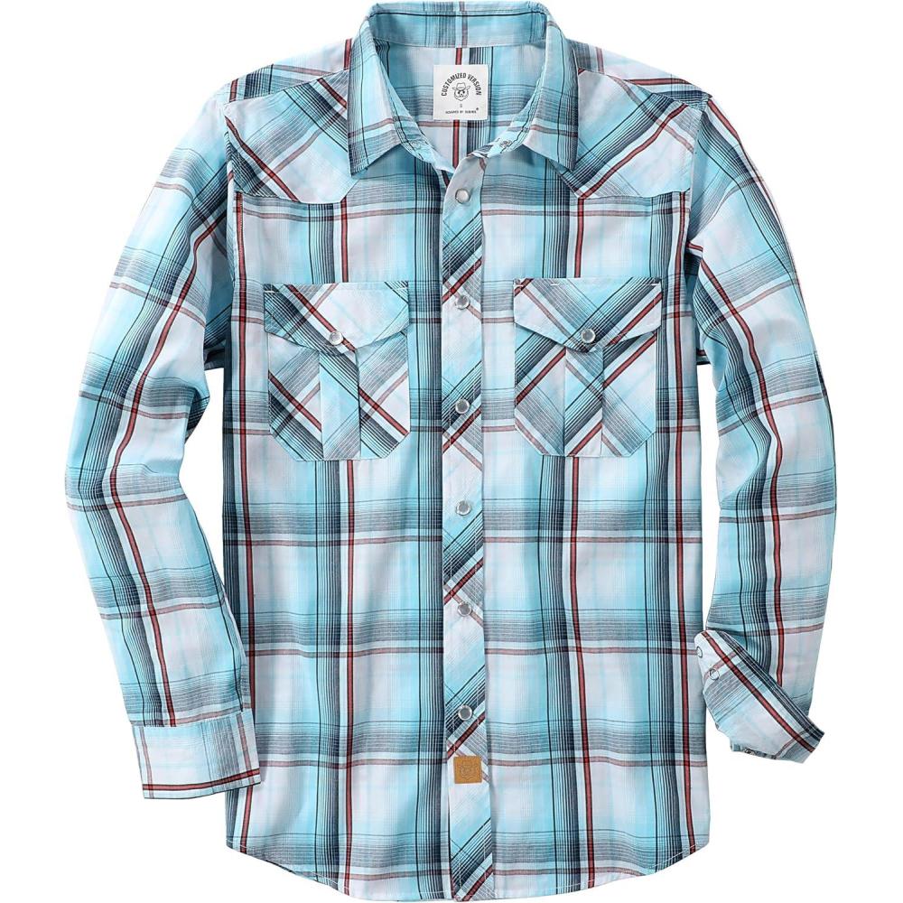 imageDubinik Pearl Snap Shirts for Men Long Sleeve Western Shirts for Men Vintage Casual Plaid Shirt Cowboy Shirts for MenWhite Blue Red
