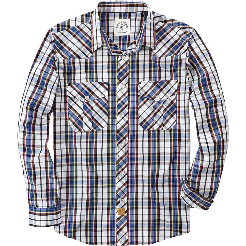 imageDubinik Pearl Snap Shirts for Men Long Sleeve Western Shirts for Men Vintage Casual Plaid Shirt Cowboy Shirts for MenWhite Blue Yellow