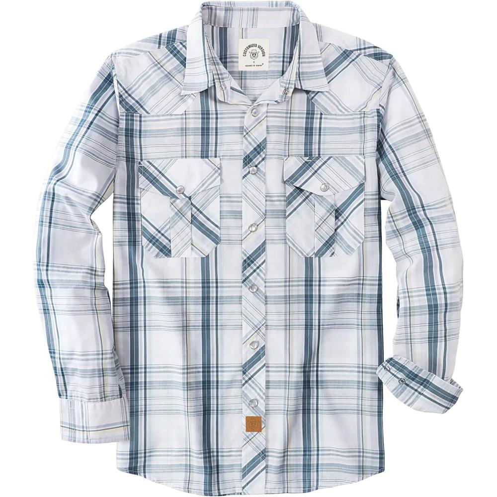 imageDubinik Pearl Snap Shirts for Men Long Sleeve Western Shirts for Men Vintage Casual Plaid Shirt Cowboy Shirts for MenWhite Dusty Blue