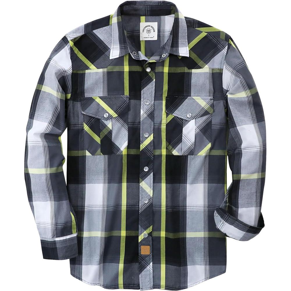 imageDubinik Pearl Snap Shirts for Men Long Sleeve Western Shirts for Men Vintage Casual Plaid Shirt Cowboy Shirts for MenYellow Black