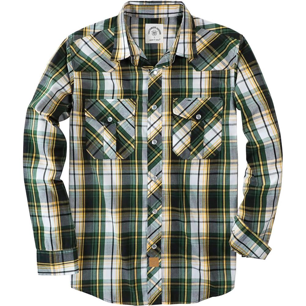 imageDubinik Pearl Snap Shirts for Men Long Sleeve Western Shirts for Men Vintage Casual Plaid Shirt Cowboy Shirts for MenYellow Dark Green