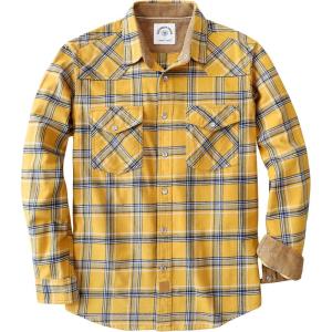 imageDubinik Flannel Shirt for Men Western Mens Pearl Snap Shirts Long Sleeve Casual Cozy Vintage Cowboy Plaid Soft Pure CottonDeep Golden Yellow and Black