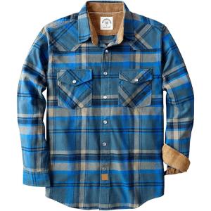 imageDubinik Flannel Shirt for Men Western Mens Pearl Snap Shirts Long Sleeve Casual Cozy Vintage Cowboy Plaid Soft Pure CottonDeep Golden Yellow and Blue