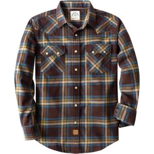 imageDubinik Flannel Shirt for Men Long Sleeve Casual Cozy Snap Button Western Plaid Shirts Soft Pure CottonBlue Brown and Yellow