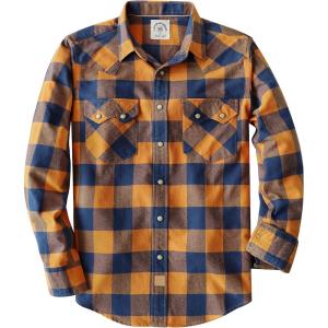 imageDubinik Flannel Shirt for Men Long Sleeve Casual Cozy Snap Button Western Plaid Shirts Soft Pure CottonOrange and Dark Blue