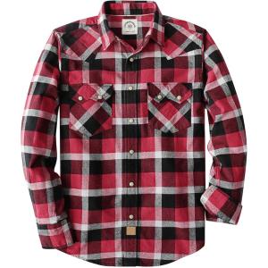 imageDubinik Flannel Shirt for Men Long Sleeve Casual Cozy Snap Button Western Plaid Shirts Soft Pure CottonRed White and Black
