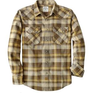 imageDubinik Flannel Shirt for Men Long Sleeve Casual Cozy Snap Button Western Plaid Shirts Soft Pure CottonYellow and Brown