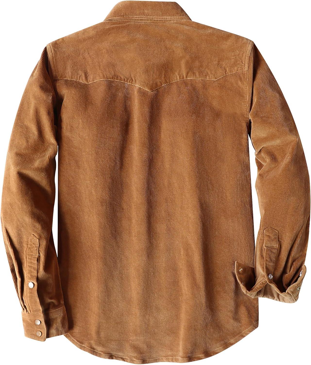 imageDubinik Corduroy Jacket Men 2 Pockets Casual Cotton Pearl Snap Western Work Shirts Vintage Long SleeveWarm Brown