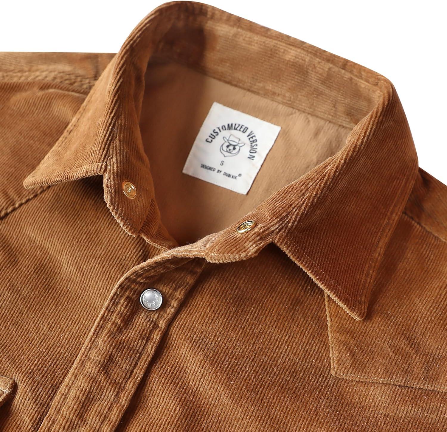imageDubinik Corduroy Jacket Men 2 Pockets Casual Cotton Pearl Snap Western Work Shirts Vintage Long SleeveWarm Brown