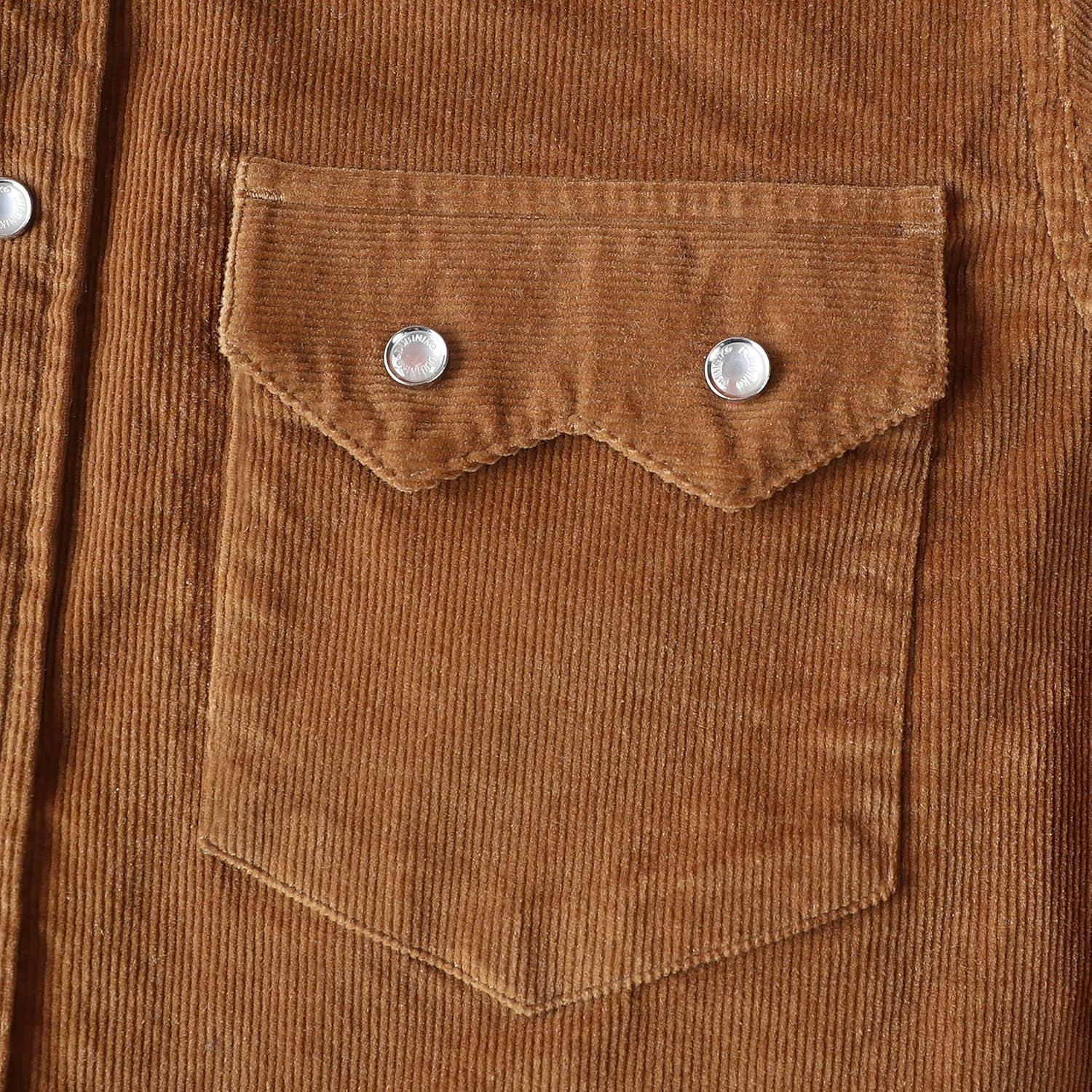 imageDubinik Corduroy Jacket Men 2 Pockets Casual Cotton Pearl Snap Western Work Shirts Vintage Long SleeveWarm Brown