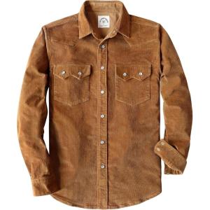 imageDubinik Corduroy Jacket Men 2 Pockets Casual Cotton Pearl Snap Western Work Shirts Vintage Long SleeveWarm Brown