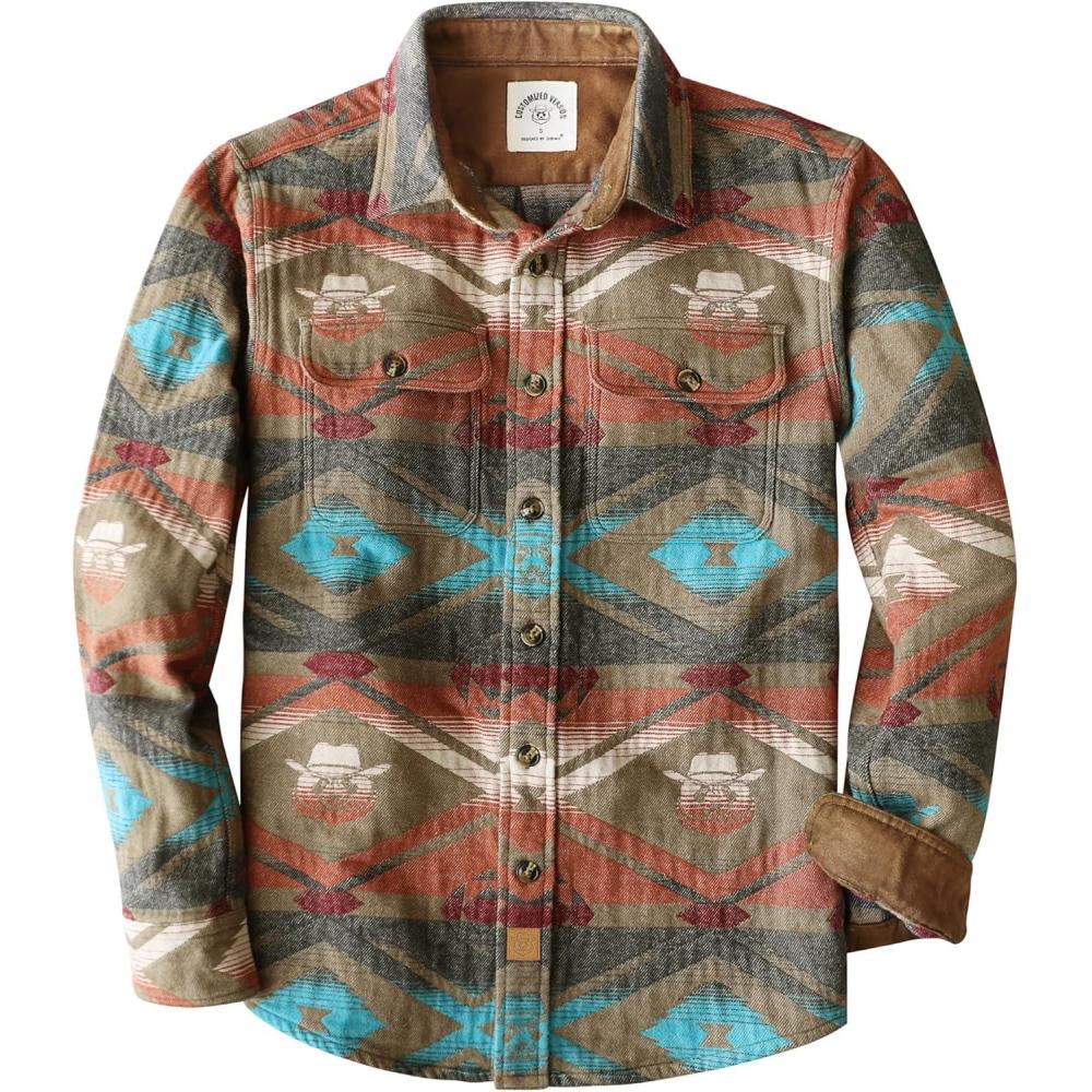 imageDubinik 13oz Ultra Heavyweight Mens Flannel Shirts Long Sleeve Casual Button Down Pocket Soft Warm Cotton ShirtAztec Khaki Orange