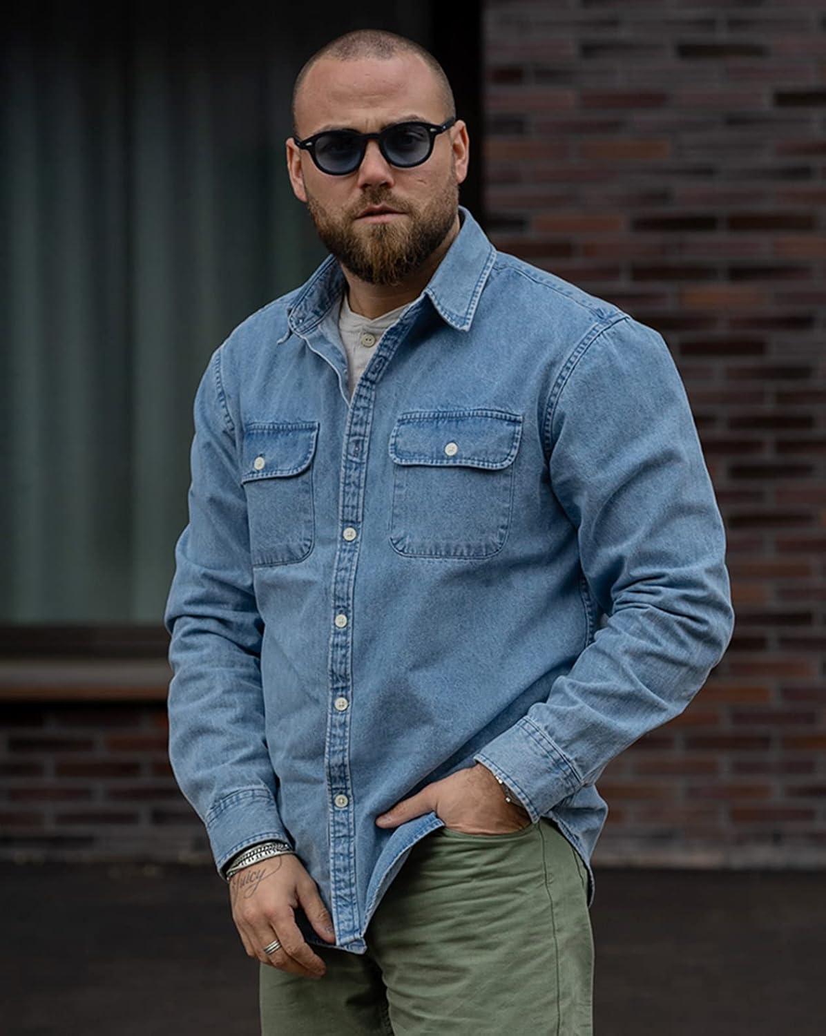 imageDubinik Mens Button Up Shirts Long Sleeve Casual Button Down Work Shirt Men Two Pocket Cotton with ComfortableLight Blue