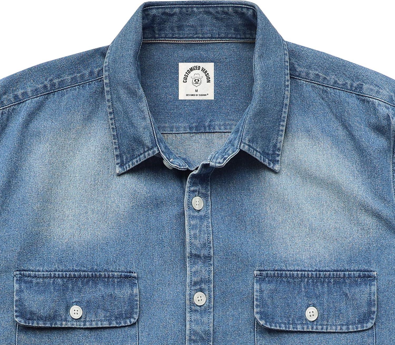 imageDubinik Mens Button Up Shirts Long Sleeve Casual Button Down Work Shirt Men Two Pocket Cotton with ComfortableLight Wash