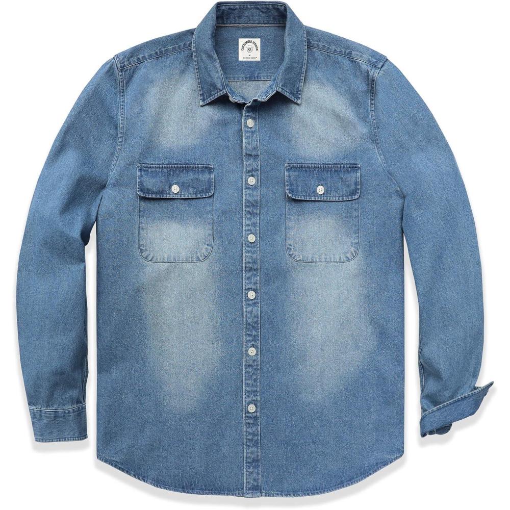 imageDubinik Mens Button Up Shirts Long Sleeve Casual Button Down Work Shirt Men Two Pocket Cotton with ComfortableLight Wash