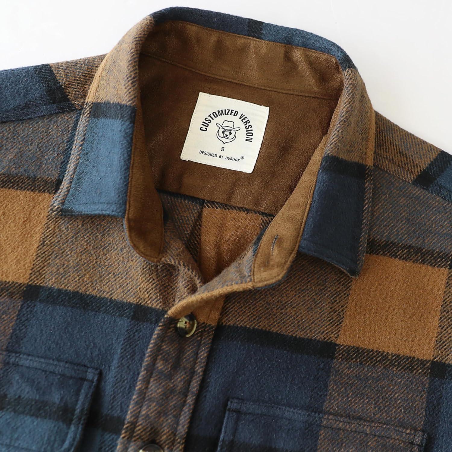 imageDubinik 13oz Ultra Heavyweight Mens Flannel Shirts Long Sleeve Casual Button Down Pocket Soft Warm Cotton ShirtBlue and Brown