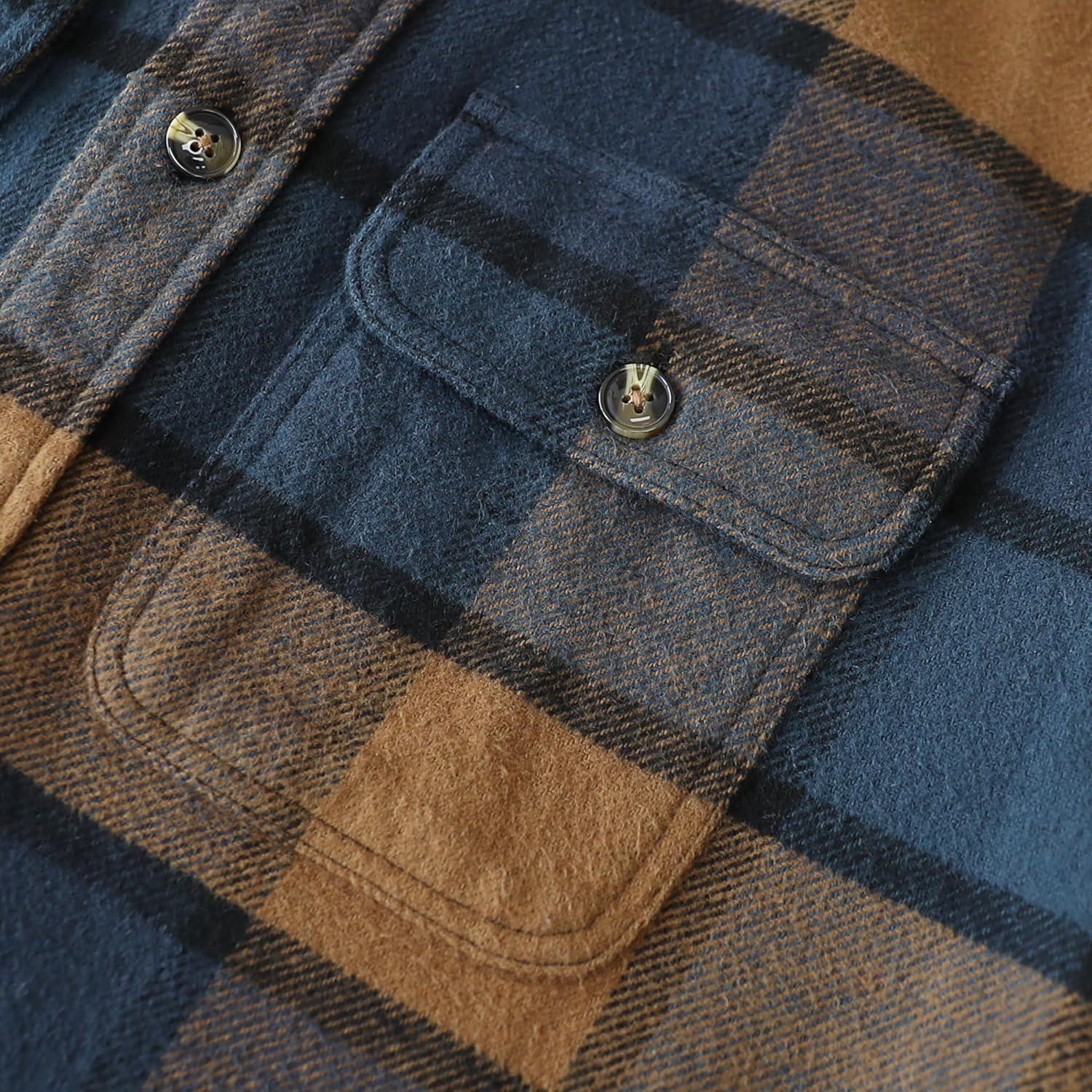 imageDubinik 13oz Ultra Heavyweight Mens Flannel Shirts Long Sleeve Casual Button Down Pocket Soft Warm Cotton ShirtBlue and Brown