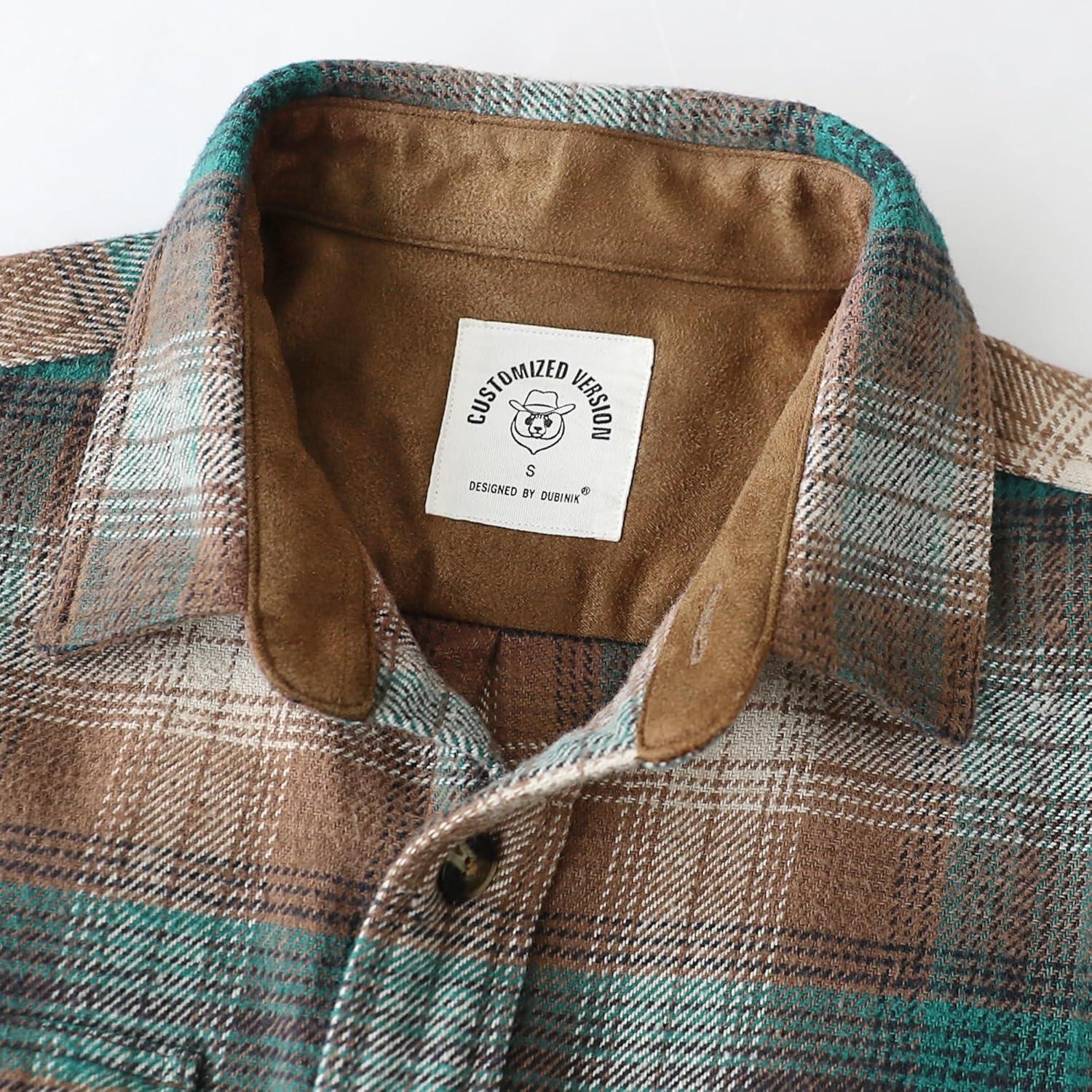 imageDubinik 13oz Ultra Heavyweight Mens Flannel Shirts Long Sleeve Casual Button Down Pocket Soft Warm Cotton ShirtBrown and Green