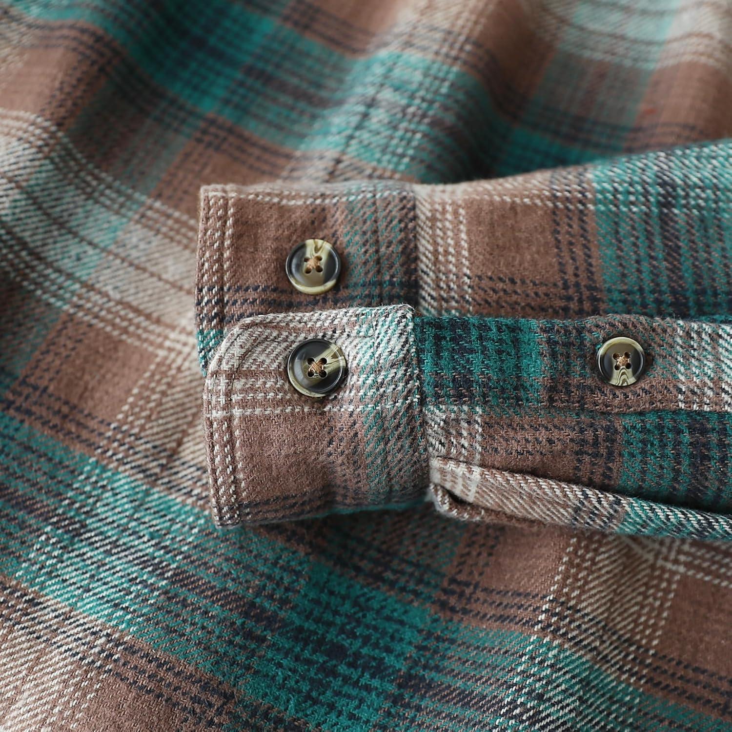 imageDubinik 13oz Ultra Heavyweight Mens Flannel Shirts Long Sleeve Casual Button Down Pocket Soft Warm Cotton ShirtBrown and Green