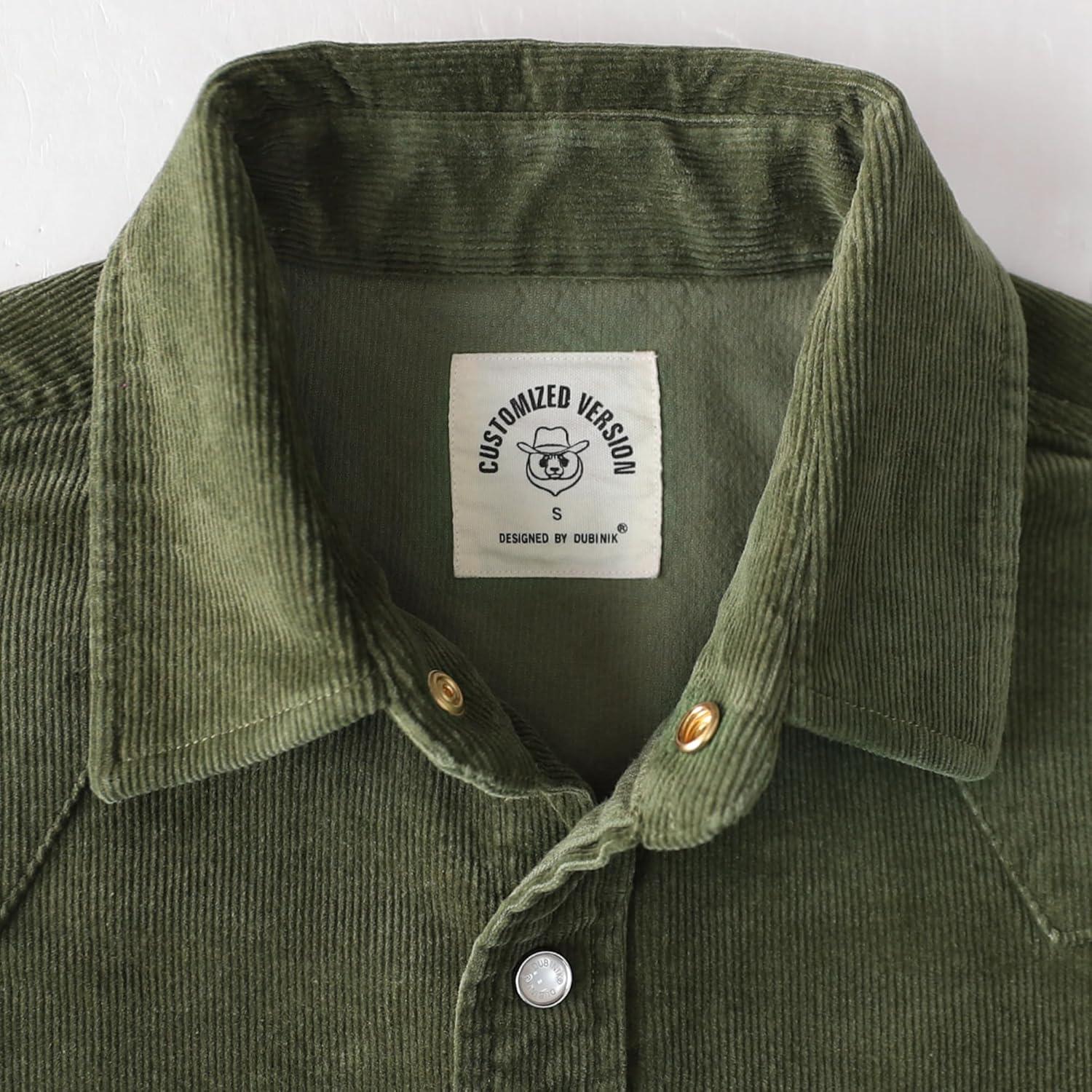 image:imageDubinik Corduroy Jacket Men 2 Pockets Casual Cotton Pearl Snap Western Work Shirts Vintage Long SleeveArmy Green