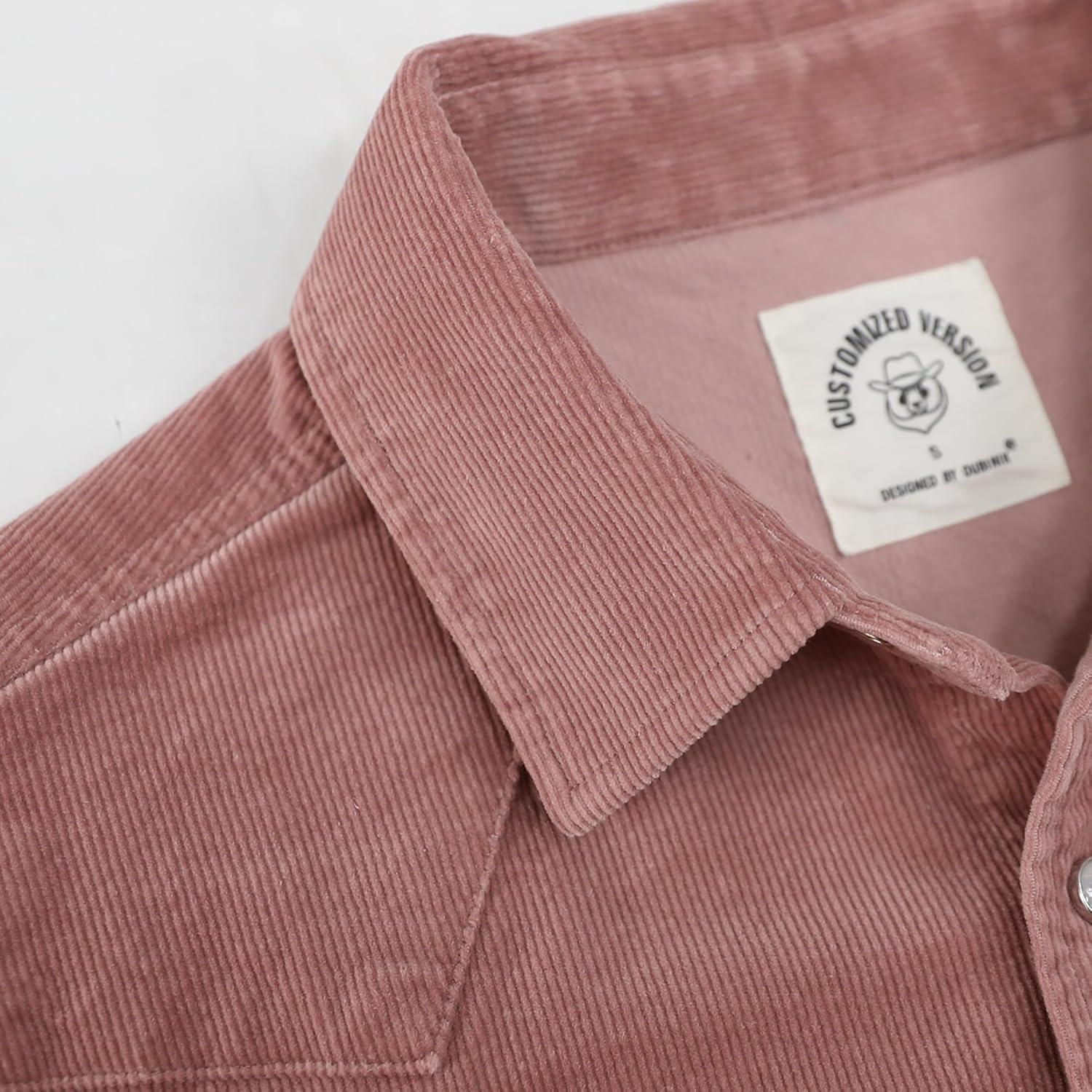 image:imageDubinik Corduroy Jacket Men 2 Pockets Casual Cotton Pearl Snap Western Work Shirts Vintage Long SleevePink