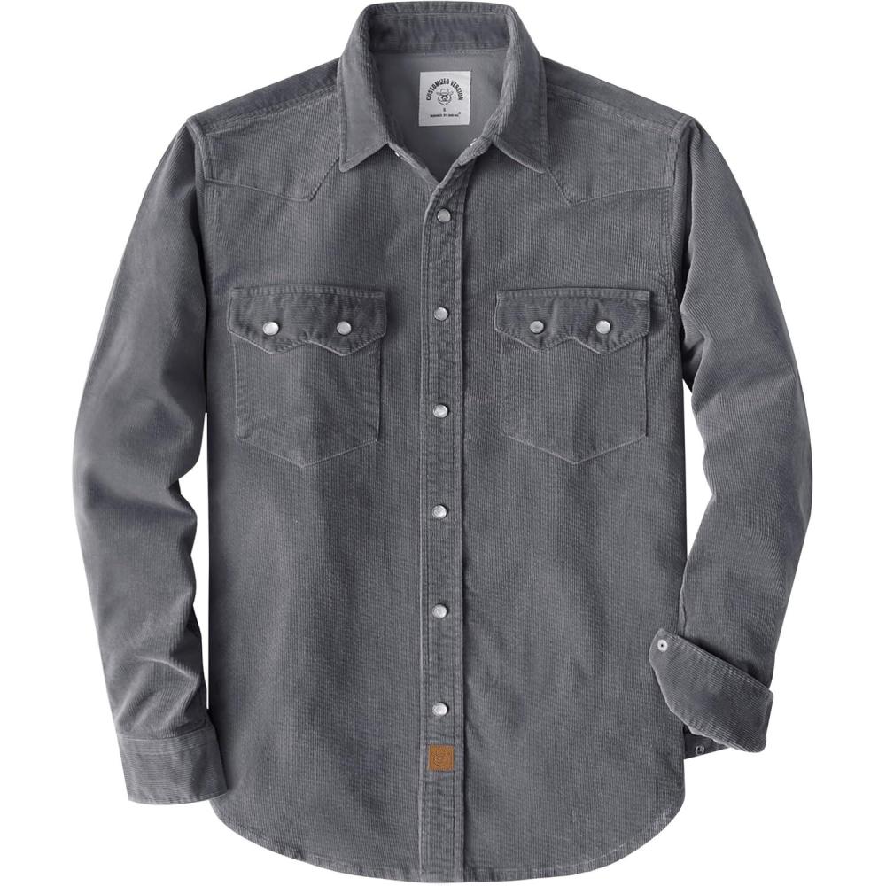 image:imageDubinik Corduroy Jacket Men 2 Pockets Casual Cotton Pearl Snap Western Work Shirts Vintage Long SleeveGray