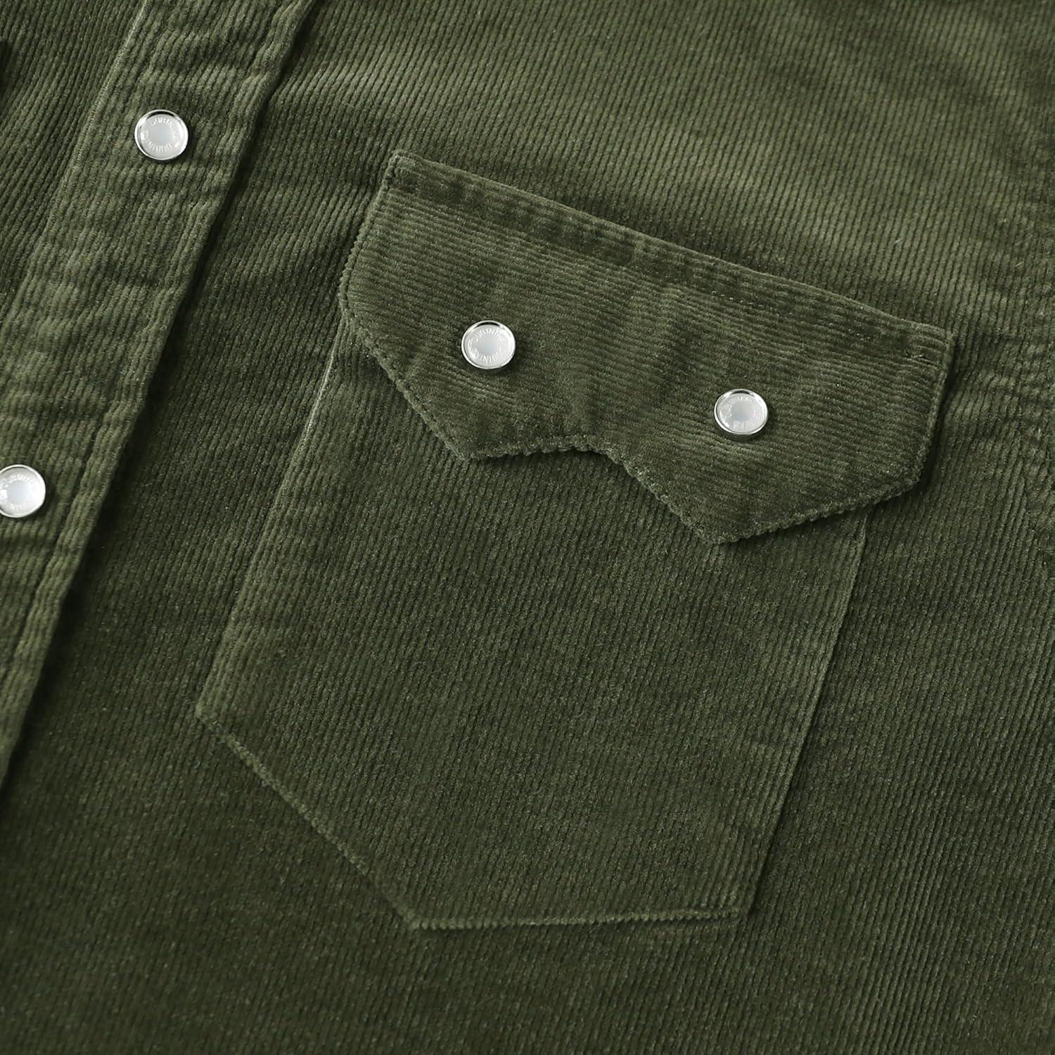 image:imageDubinik 10 oz Ultra Heavyweight Corduroy Pearl Snap Shirt Men Western Vintage Jacket Long Sleeve Casual Cotton 2 PocketsArmy Green