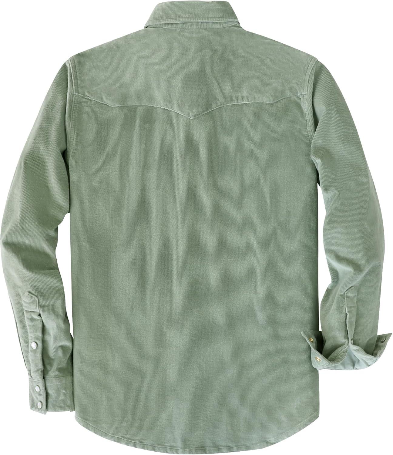 image:imageDubinik 10 oz Ultra Heavyweight Corduroy Pearl Snap Shirt Men Western Vintage Jacket Long Sleeve Casual Cotton 2 PocketsLight Green
