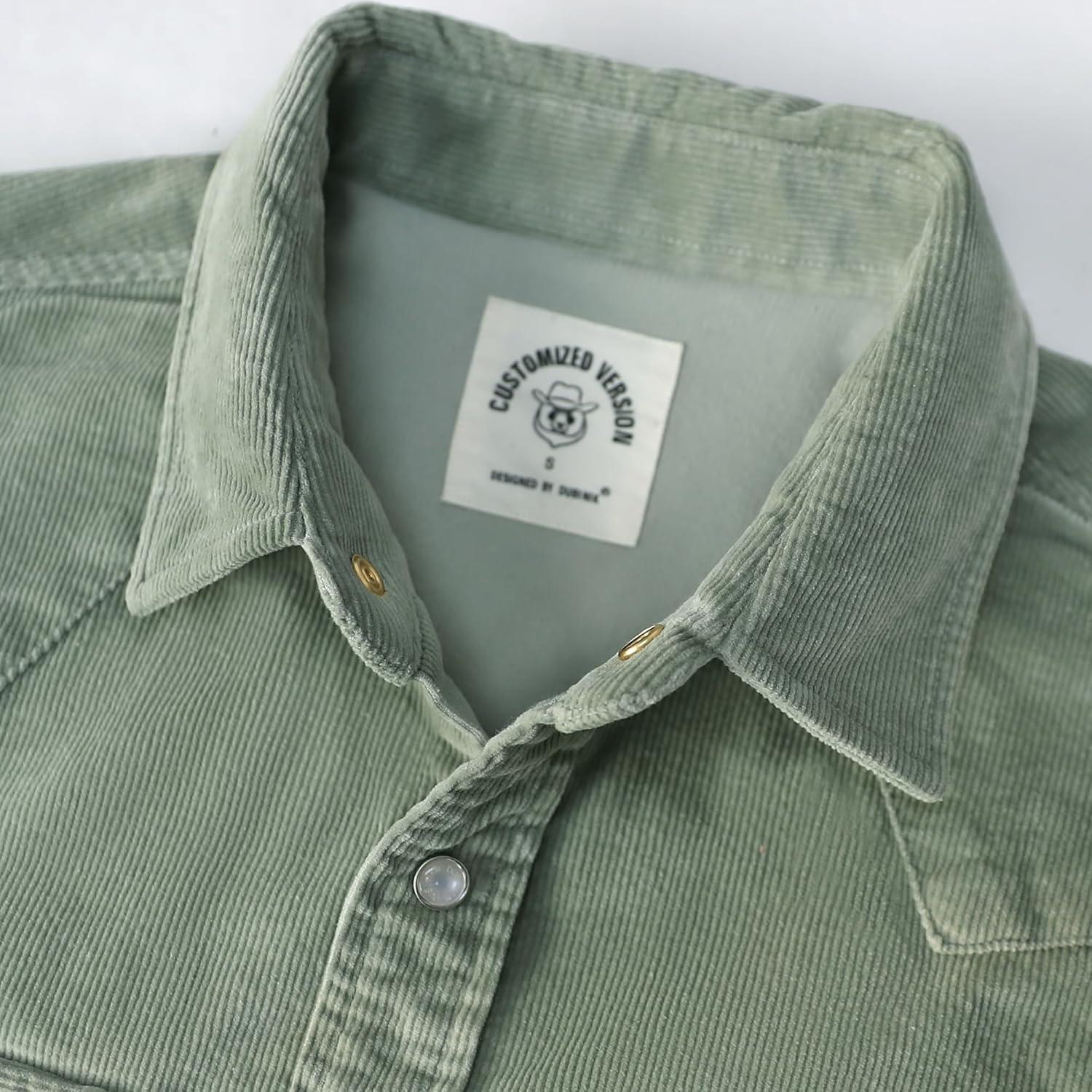 image:imageDubinik 10 oz Ultra Heavyweight Corduroy Pearl Snap Shirt Men Western Vintage Jacket Long Sleeve Casual Cotton 2 PocketsLight Green
