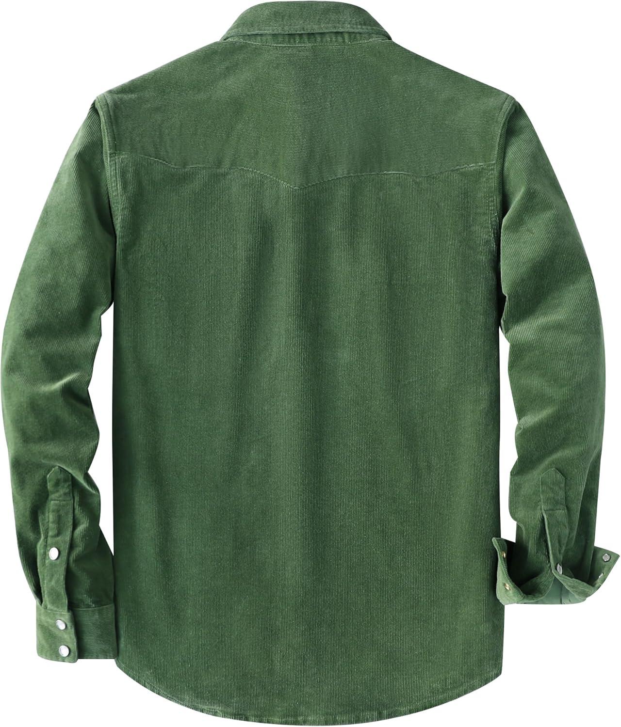 image:imageDubinik 10 oz Ultra Heavyweight Corduroy Pearl Snap Shirt Men Western Vintage Jacket Long Sleeve Casual Cotton 2 PocketsOlive Green