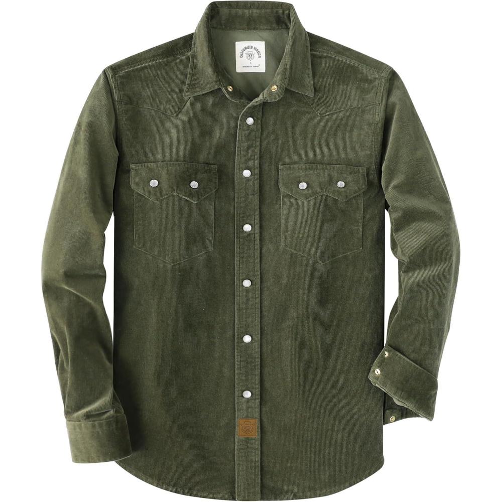image:imageDubinik 10 oz Ultra Heavyweight Corduroy Pearl Snap Shirt Men Western Vintage Jacket Long Sleeve Casual Cotton 2 PocketsArmy Green