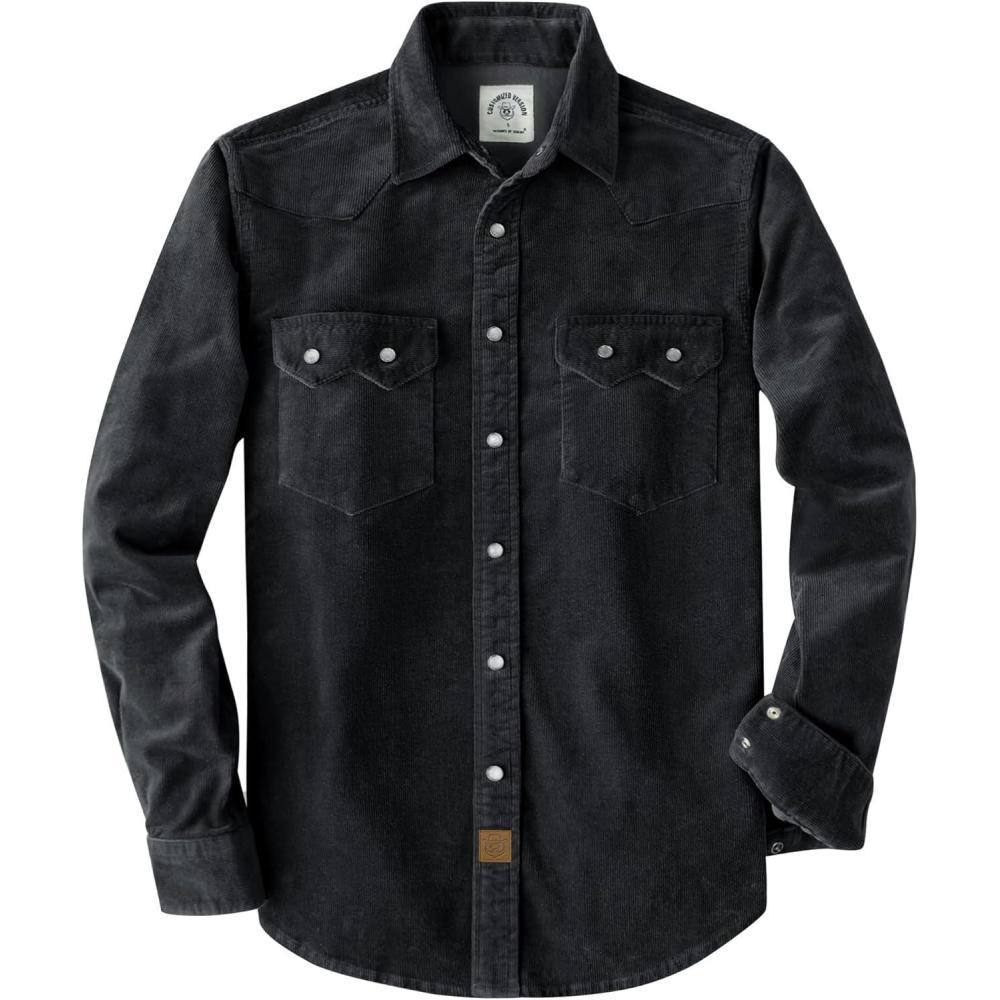 image:imageDubinik 10 oz Ultra Heavyweight Corduroy Pearl Snap Shirt Men Western Vintage Jacket Long Sleeve Casual Cotton 2 PocketsBlack