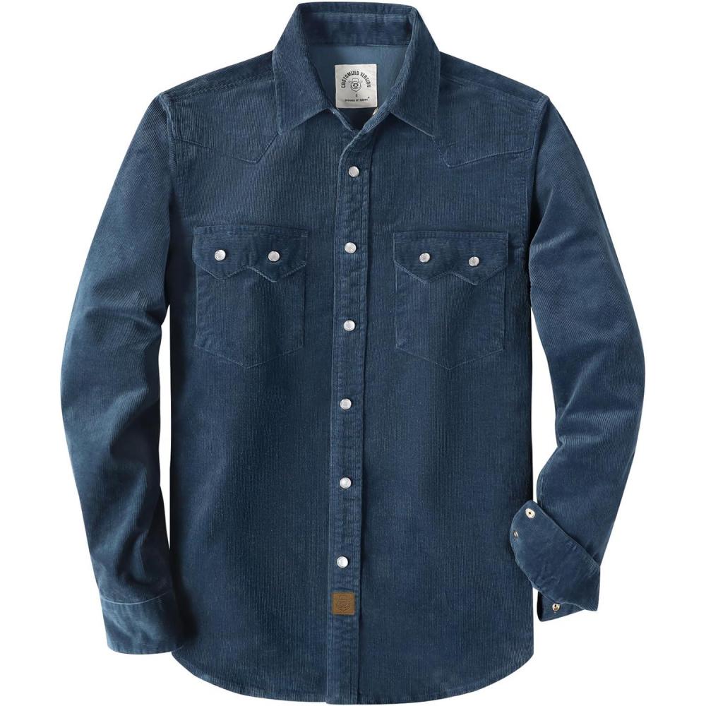 image:imageDubinik 10 oz Ultra Heavyweight Corduroy Pearl Snap Shirt Men Western Vintage Jacket Long Sleeve Casual Cotton 2 PocketsNavy Blue