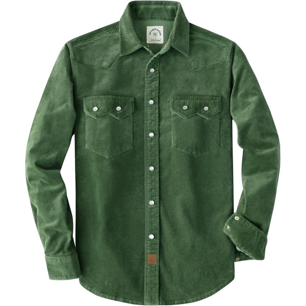 image:imageDubinik 10 oz Ultra Heavyweight Corduroy Pearl Snap Shirt Men Western Vintage Jacket Long Sleeve Casual Cotton 2 PocketsOlive Green