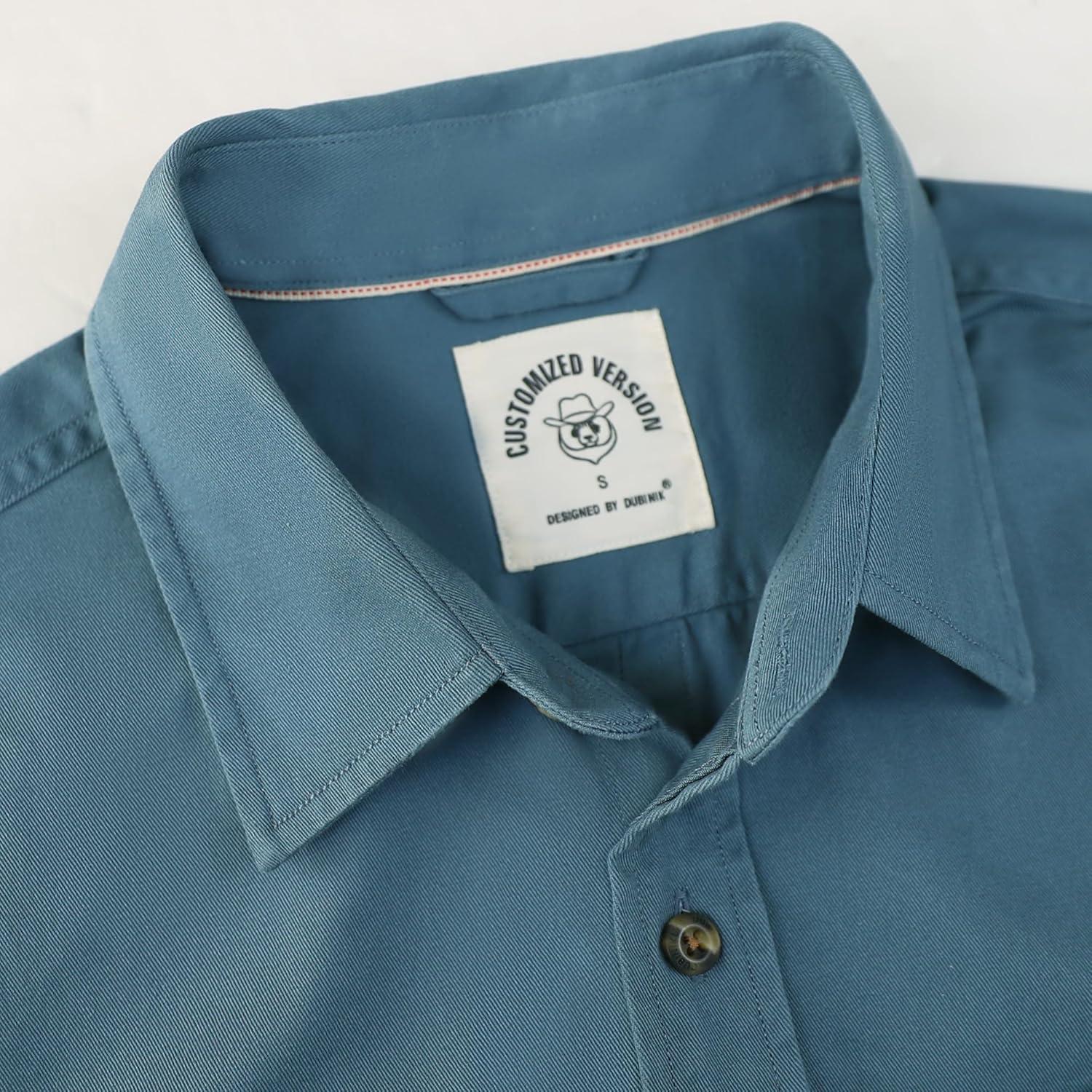 image:imageDubinik Mens Short Sleeve Button Down Shirts 2 Pocket Casual Vintage Cotton Button up Comfortable Western Heavyweight WorkGray Blue